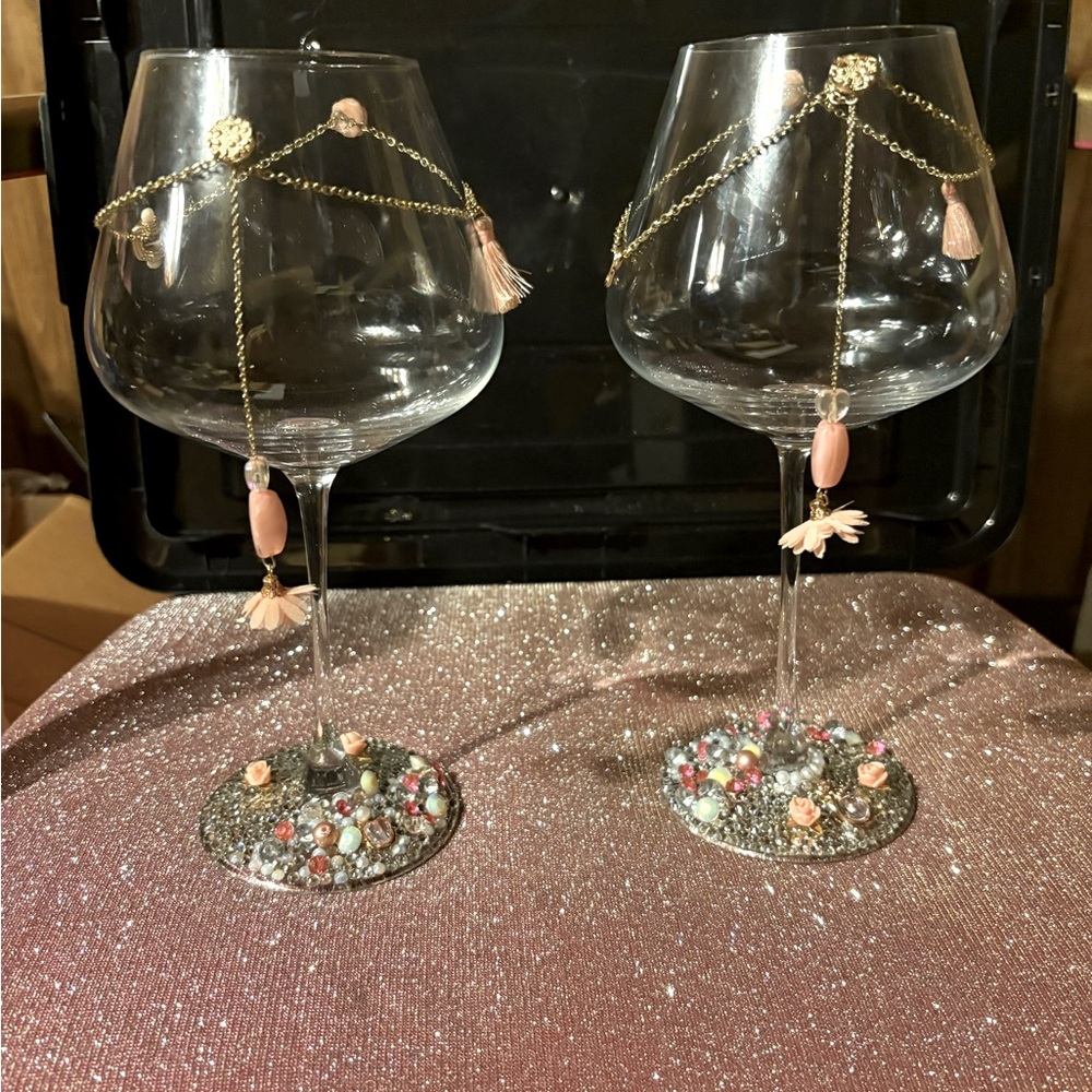 Decorative Wine Glasses with Gold and Pink Accents
